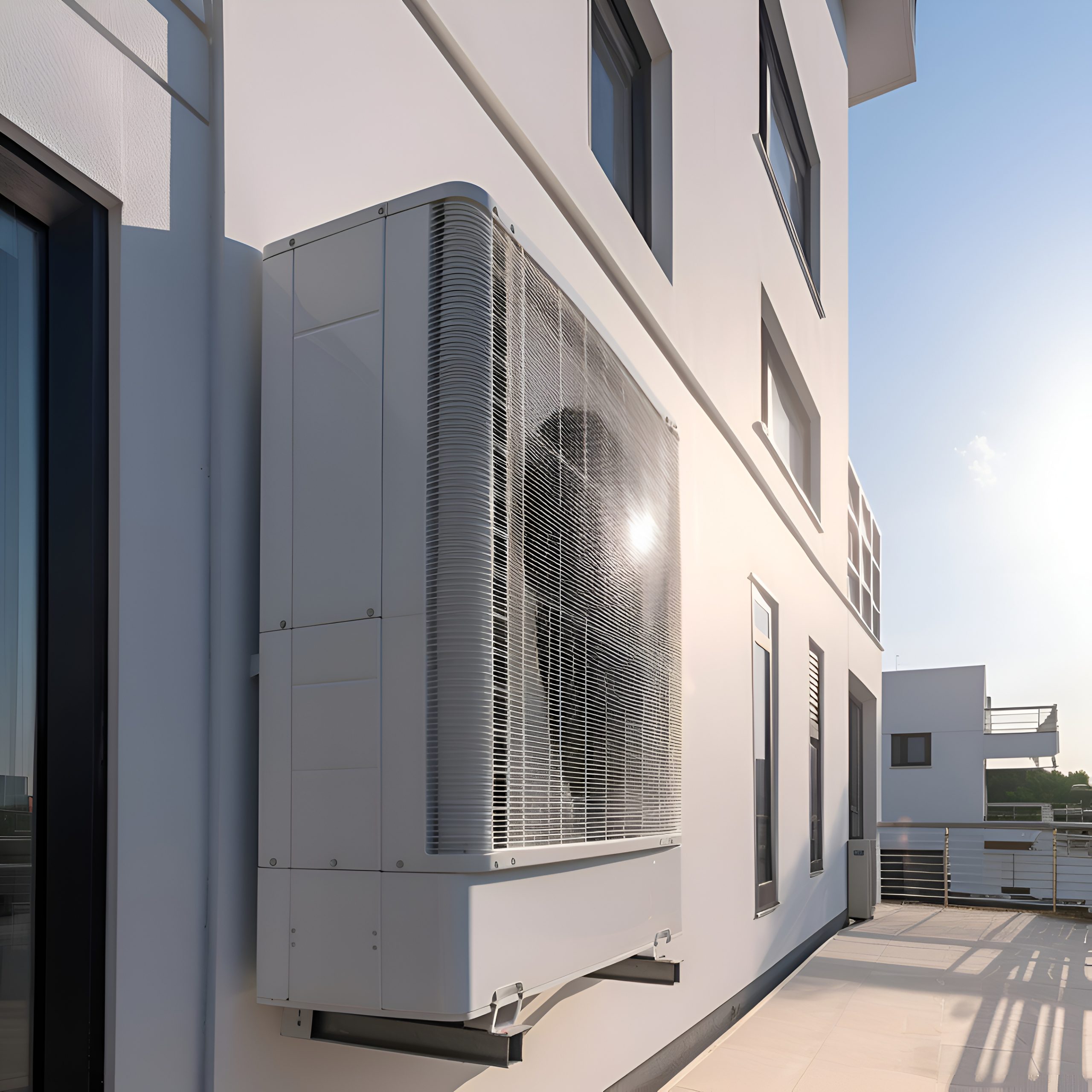 Air conditioner in the wall of a modern apartment building. 3d r